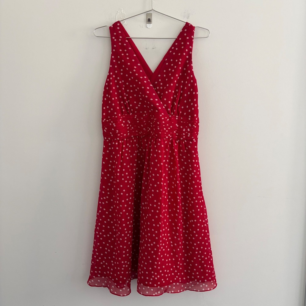George ME Mark Eisen Red Polka Dot V-Neck Sleeveless Dress Size 12 GME17286